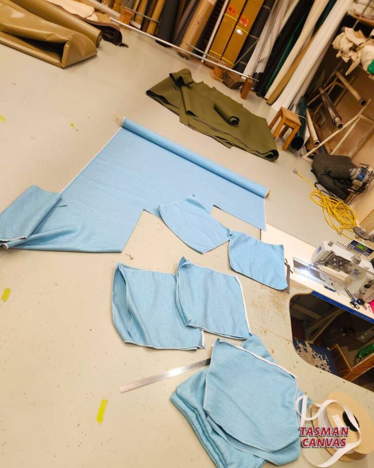 Marine squab panels being cut and fitted in the Tasman Canvas Motueka workshop